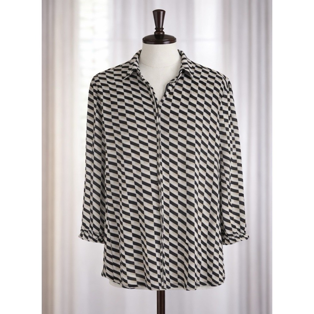 Cocomo Popover Top Flowy Light Stretch Knit 3/4 Sleeves Black White Office XL